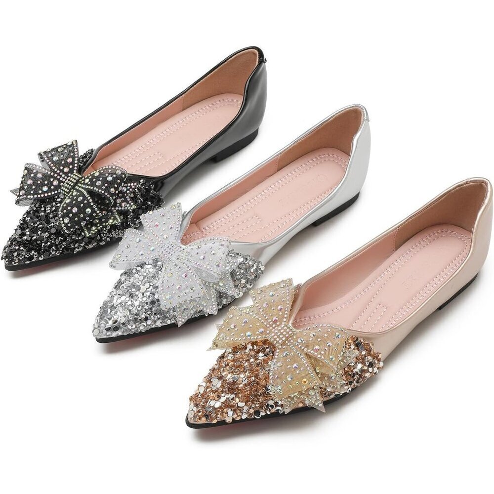 Women's Black Rhinestone Wedding Flats Comfort Pointed Toe Ballet Flat Shoe - Picture 6 of 7